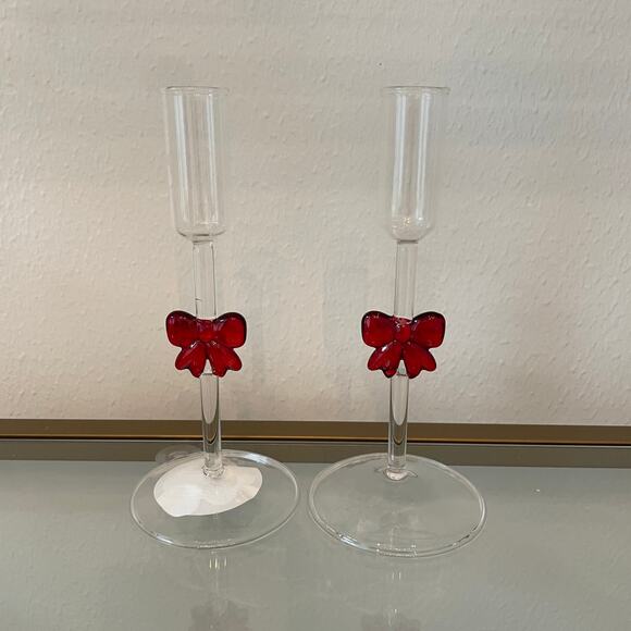 Red Bow Glass Taper Candle Holders 7in Set of 2 Holiday Glam NEW - Picture 6 of 9